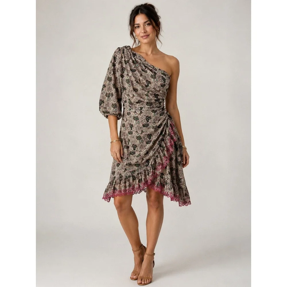 Isabel Marant Etoile One Shoulder Mini Dress Womens 34 Paisley Cotton Pink Green